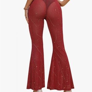 Sparkling Red Sheer Flare Pants